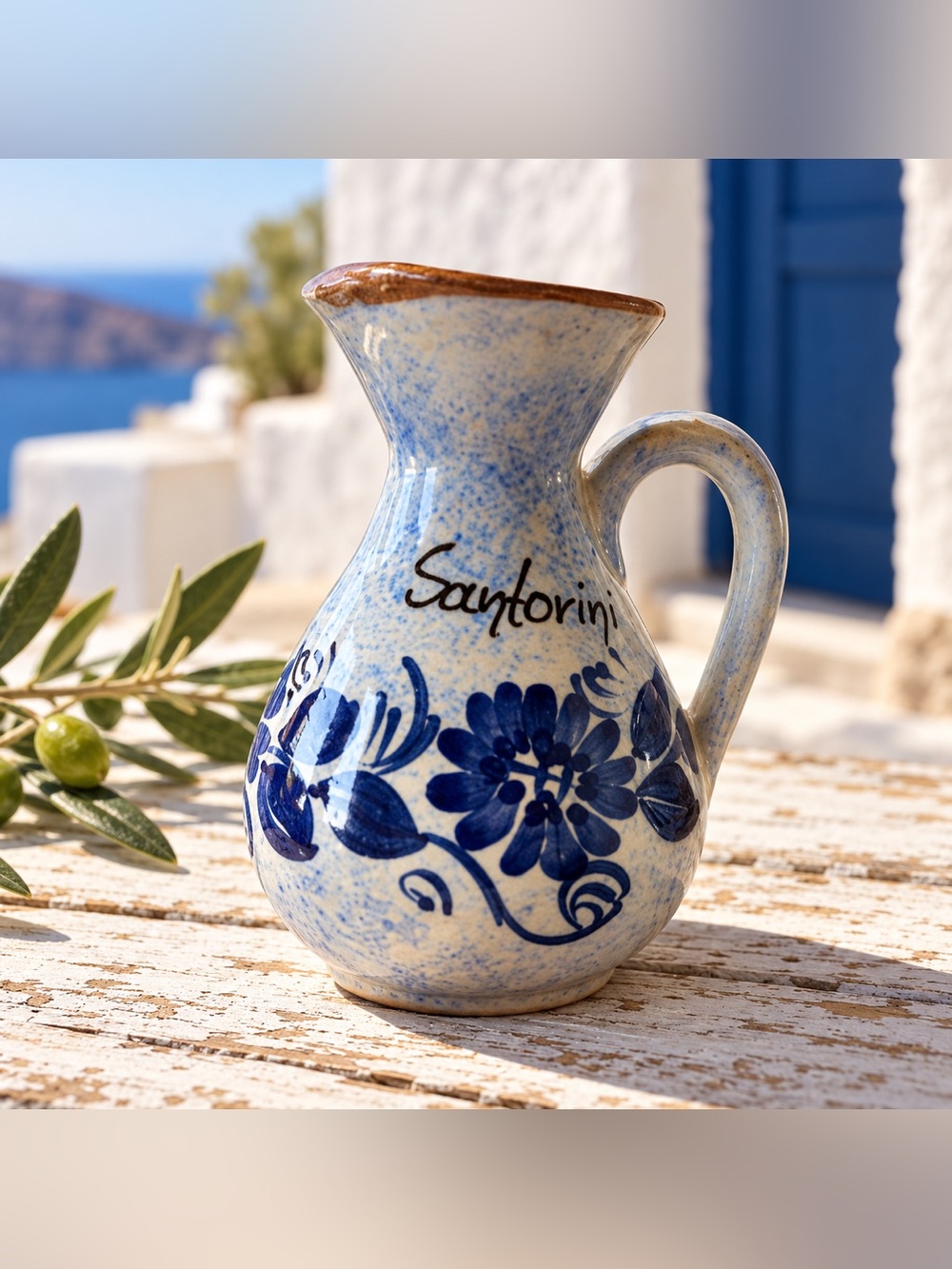 Santorini Greece Blue White Floral Ceramic Pitcher Vase 5 in